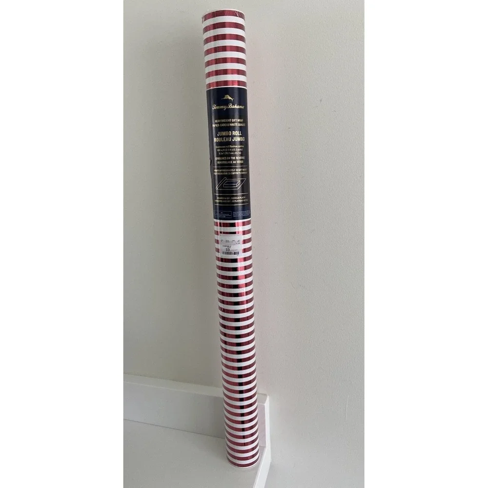 New Tommy Bahama Heavyweight Jumbo Christmas Red White Stripe Wrapping Paper Rol